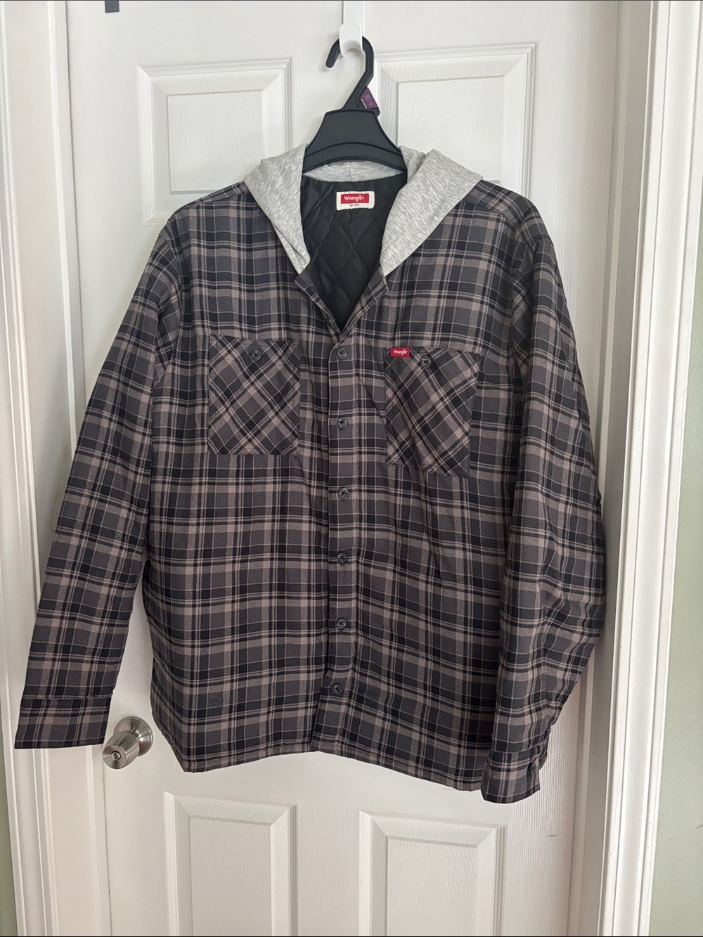 Wrangler Black & Gray Plaid Hooded Shirt Jacket